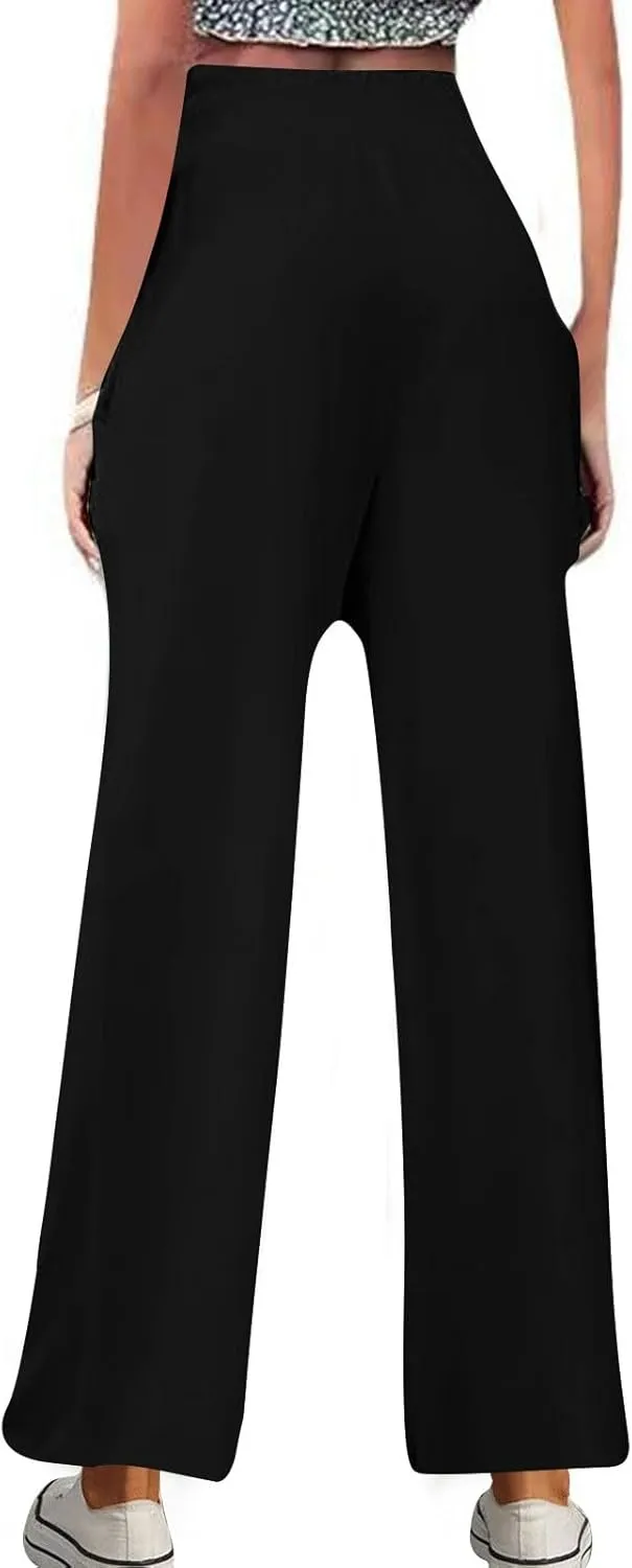 Linen Pants for Women High Waisted Wide Leg Palazzo Pants Breathable Elastic Waist Summer Dressy Casual Trousers