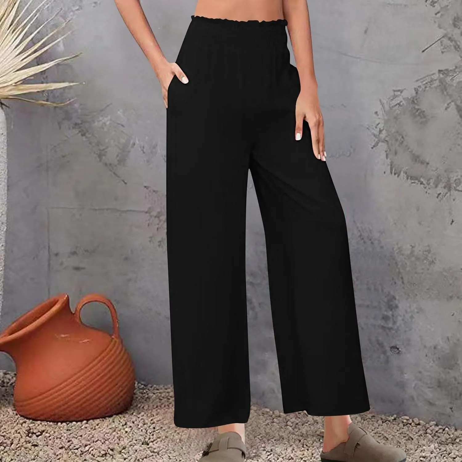 Linen Pants for Women High Waisted Wide Leg Palazzo Pants Breathable Elastic Waist Summer Dressy Casual Trousers