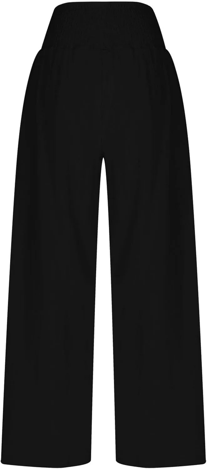 Linen Pants for Women High Waisted Wide Leg Palazzo Pants Breathable Elastic Waist Summer Dressy Casual Trousers