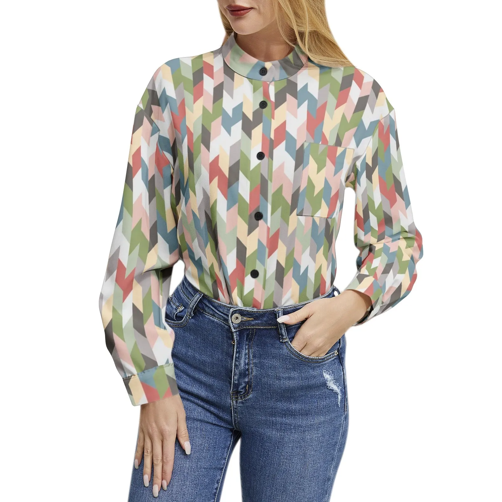 Pastel Retro Long Sleeve Button Up Casual Shirt Top