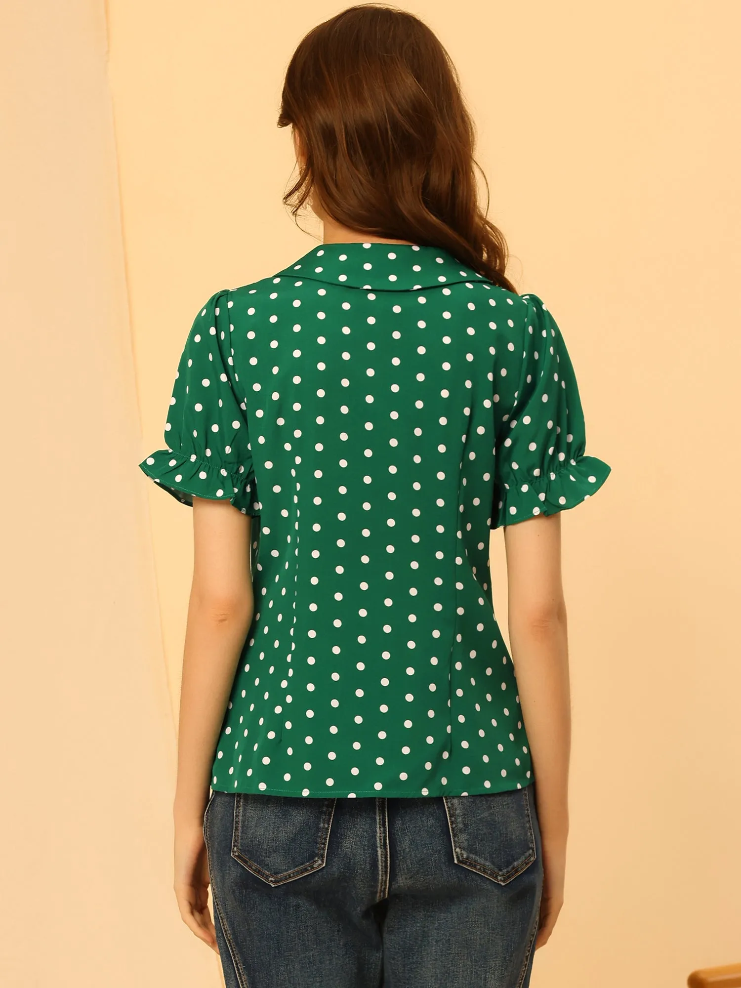 Polka Dot Short Puff Sleeve Button Up Peter Pan Collar Blouse