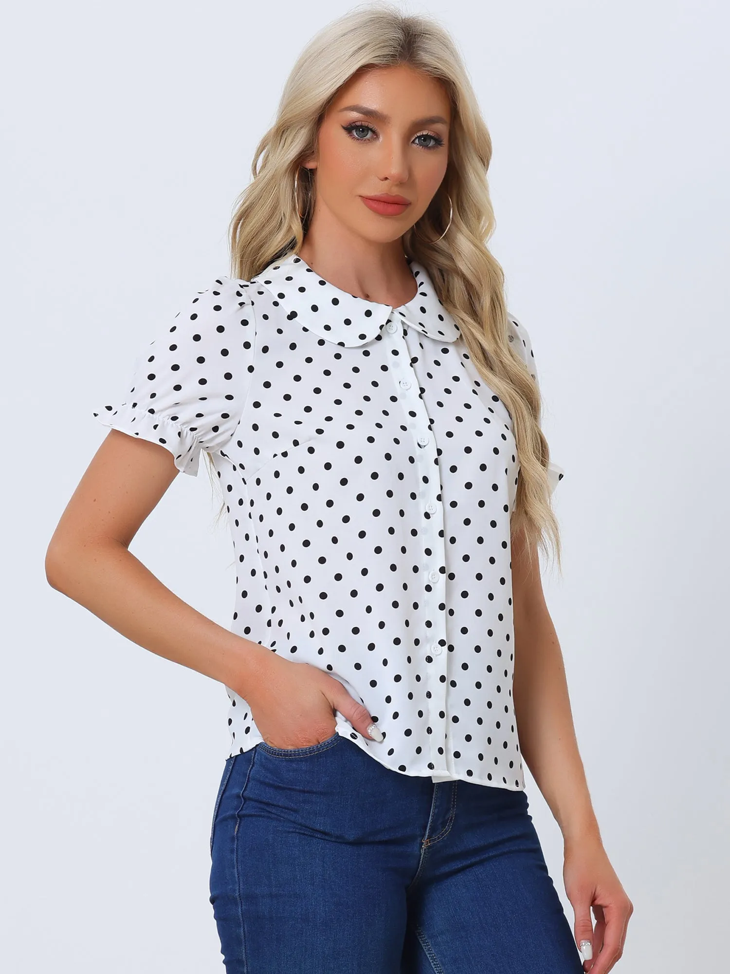 Polka Dot Short Puff Sleeve Button Up Peter Pan Collar Blouse