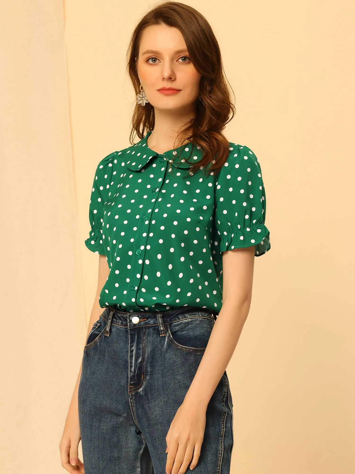 Polka Dot Short Puff Sleeve Button Up Peter Pan Collar Blouse