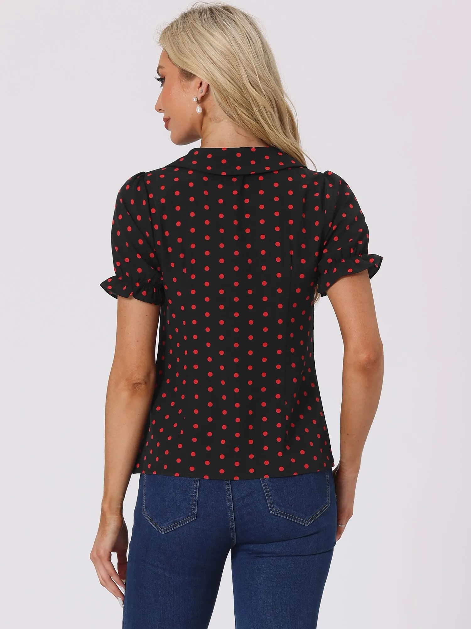 Polka Dot Short Puff Sleeve Button Up Peter Pan Collar Blouse