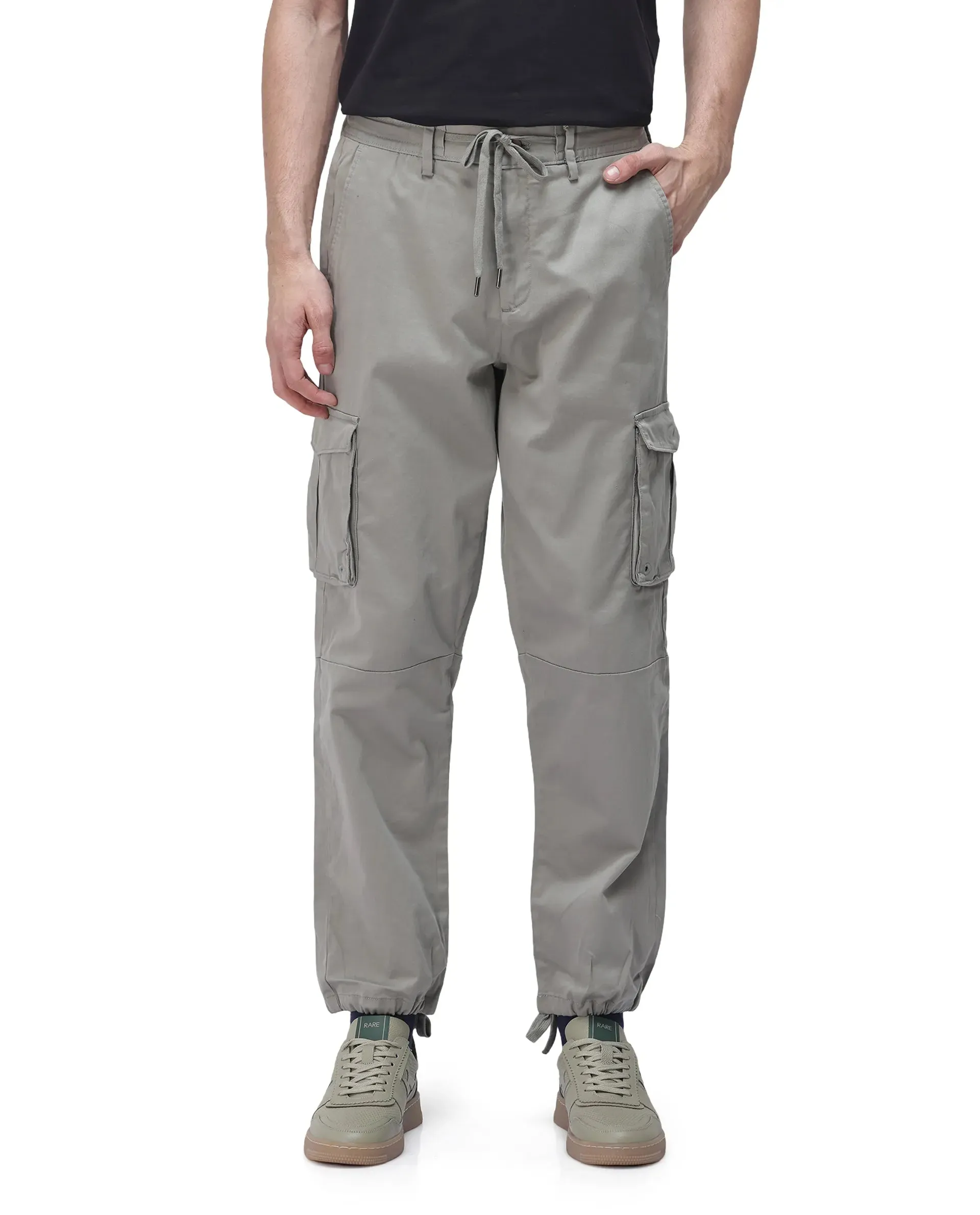 Rare Rabbit Men's Maks Dusky Olive Drawstring Closure Mid-Rise Relaxed Fit Solid Trouser