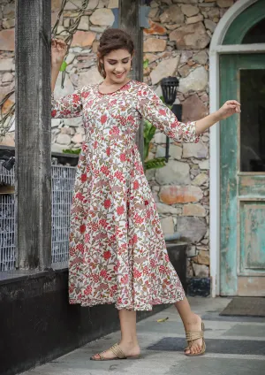 Red Floral Print Cotton Ethnic Dress