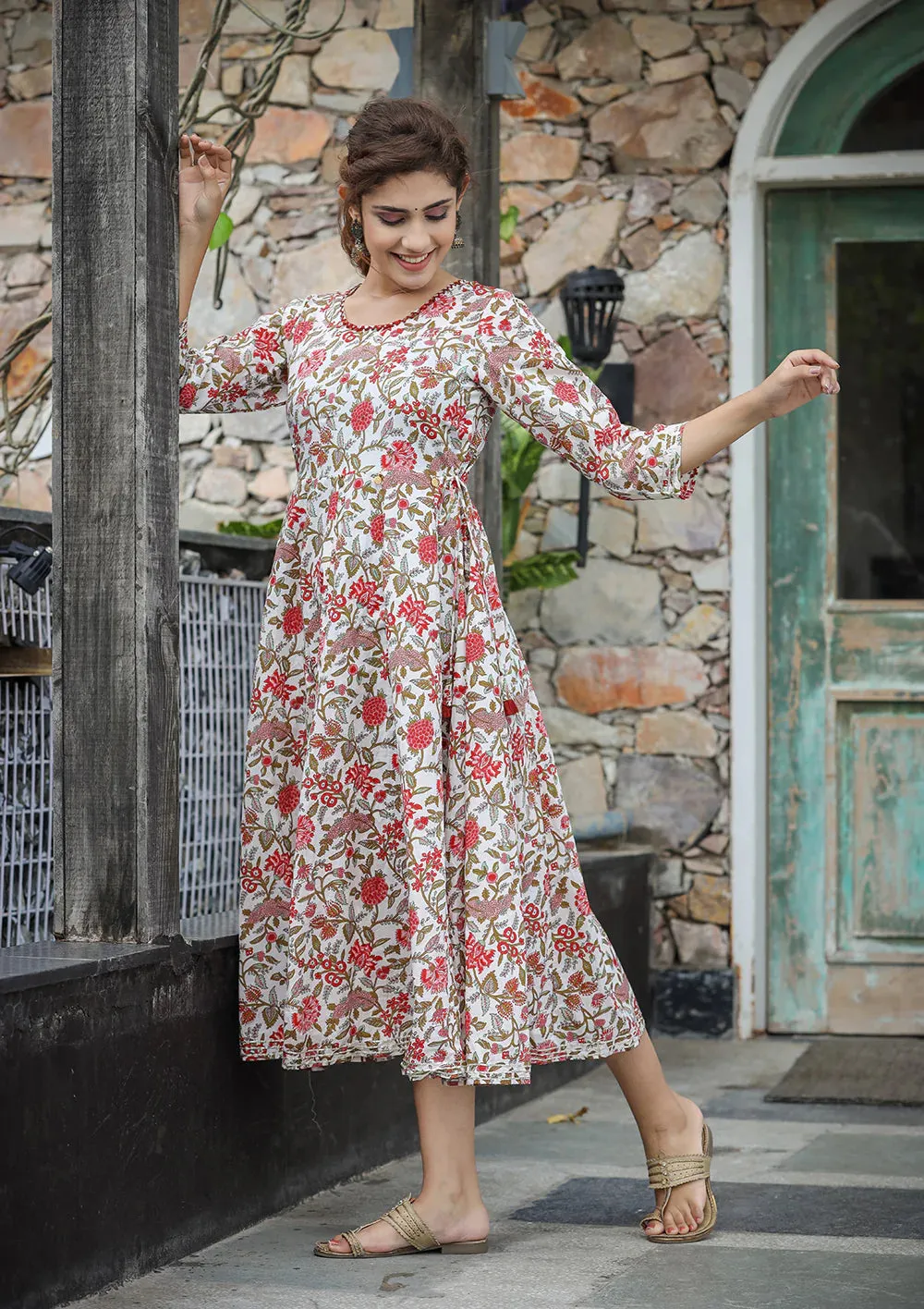 Red Floral Print Cotton Ethnic Dress