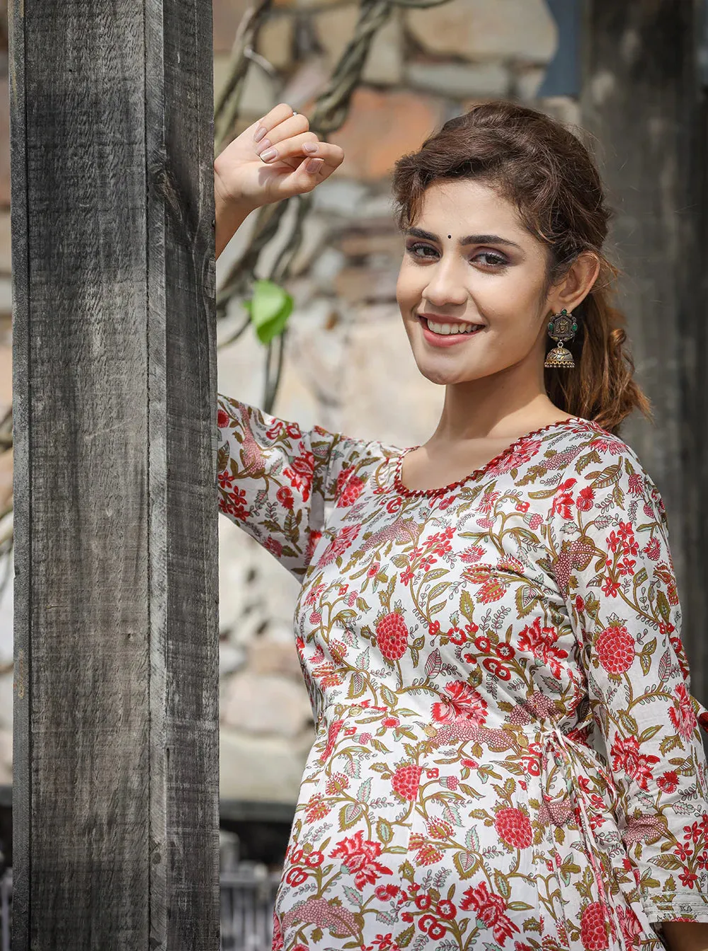 Red Floral Print Cotton Ethnic Dress