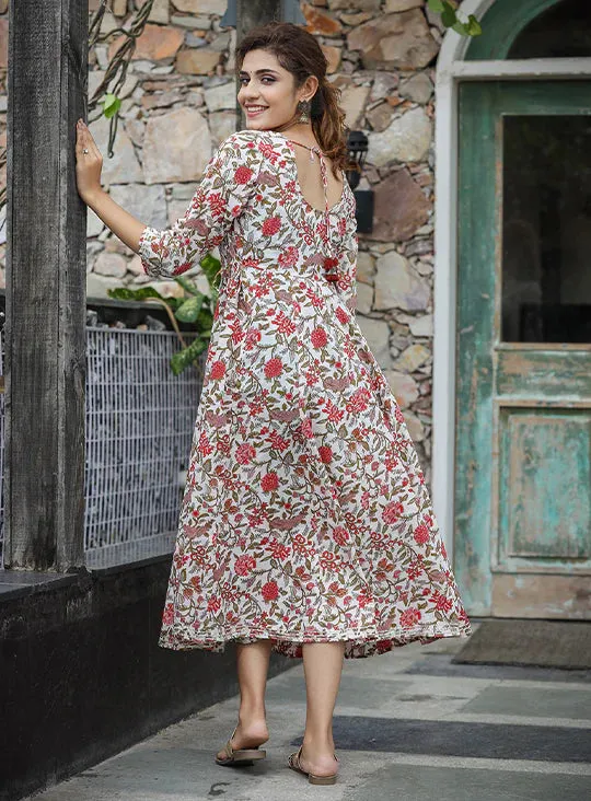 Red Floral Print Cotton Ethnic Dress
