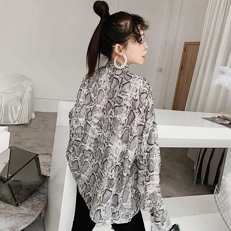 Snake Printed Chiffon Shirt Long Sleeve Blouse