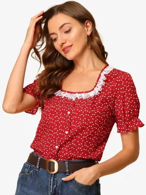 Square Neck Ruffle Short Sleeve Love Heart Printed Blouse